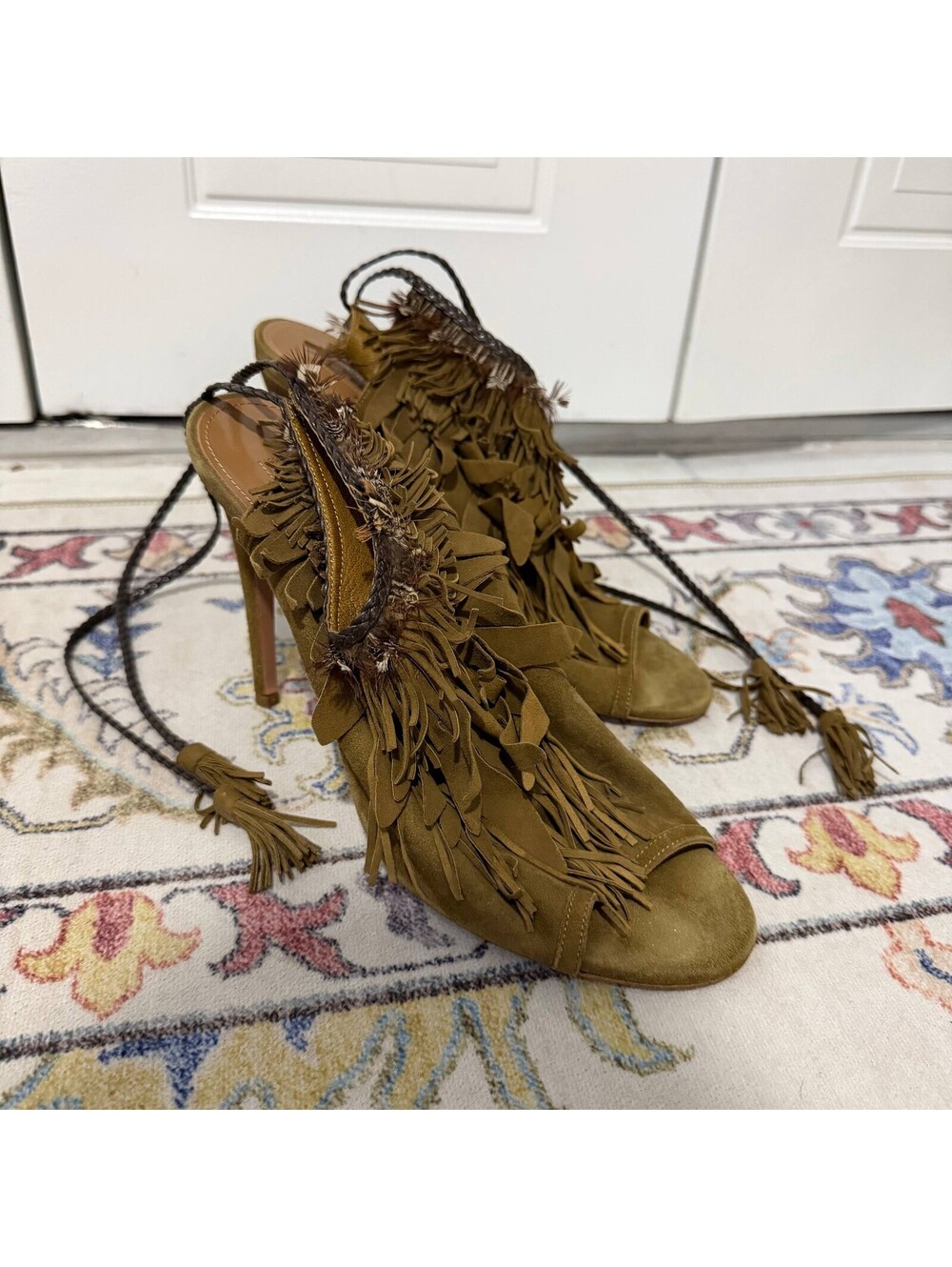 Aquazzura Gytane 85 Size 39.5 Suede Fringe Ankle Wrap Heeled Sandals Green - Picture 1 of 8